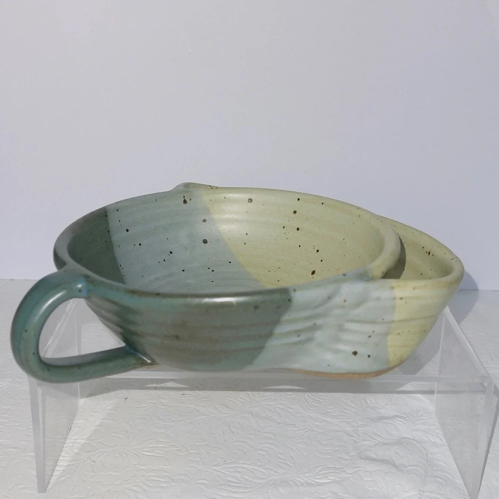 Studio Pottery Soup & Crackers Bowl Integrated Saucer Tray Speckled Blue Green